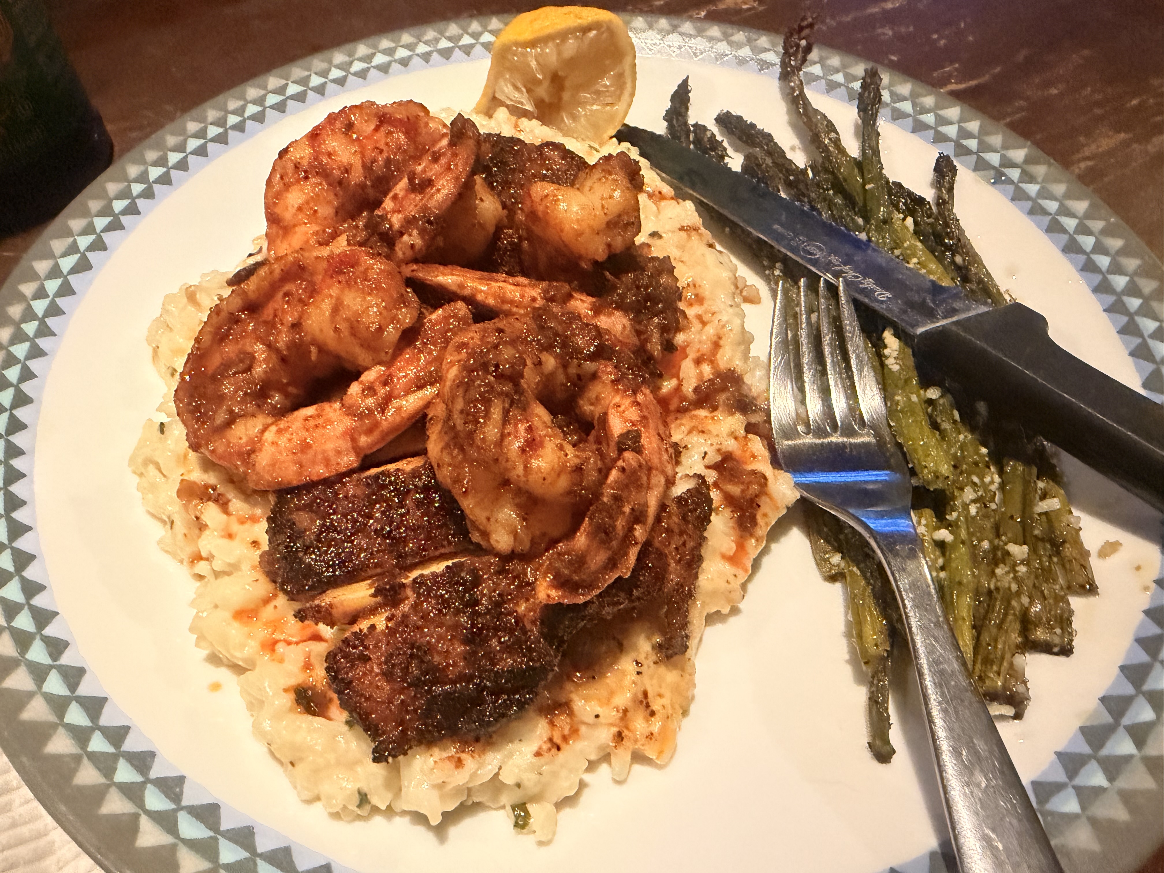 Cajun Chicken & Garlic Shrimp with Creamy Parmesan-Basil Rice and Roasted Asparagus